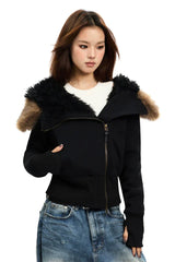 Veste courte zippée à capuche et col en fourrure doublée polaire