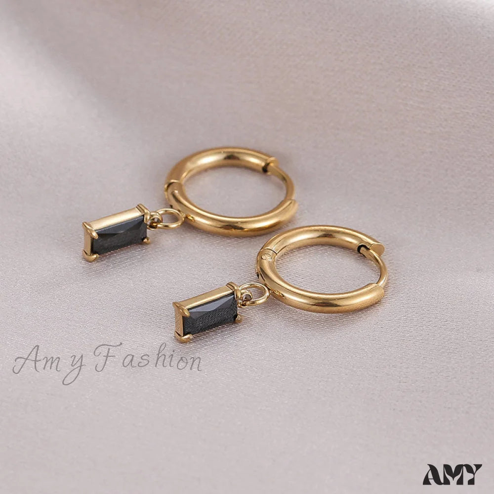 14K Rectangular Colorful Zircons Pendant Earrings Black