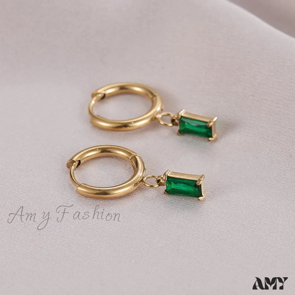 14K Rectangular Colorful Zircons Pendant Earrings Green