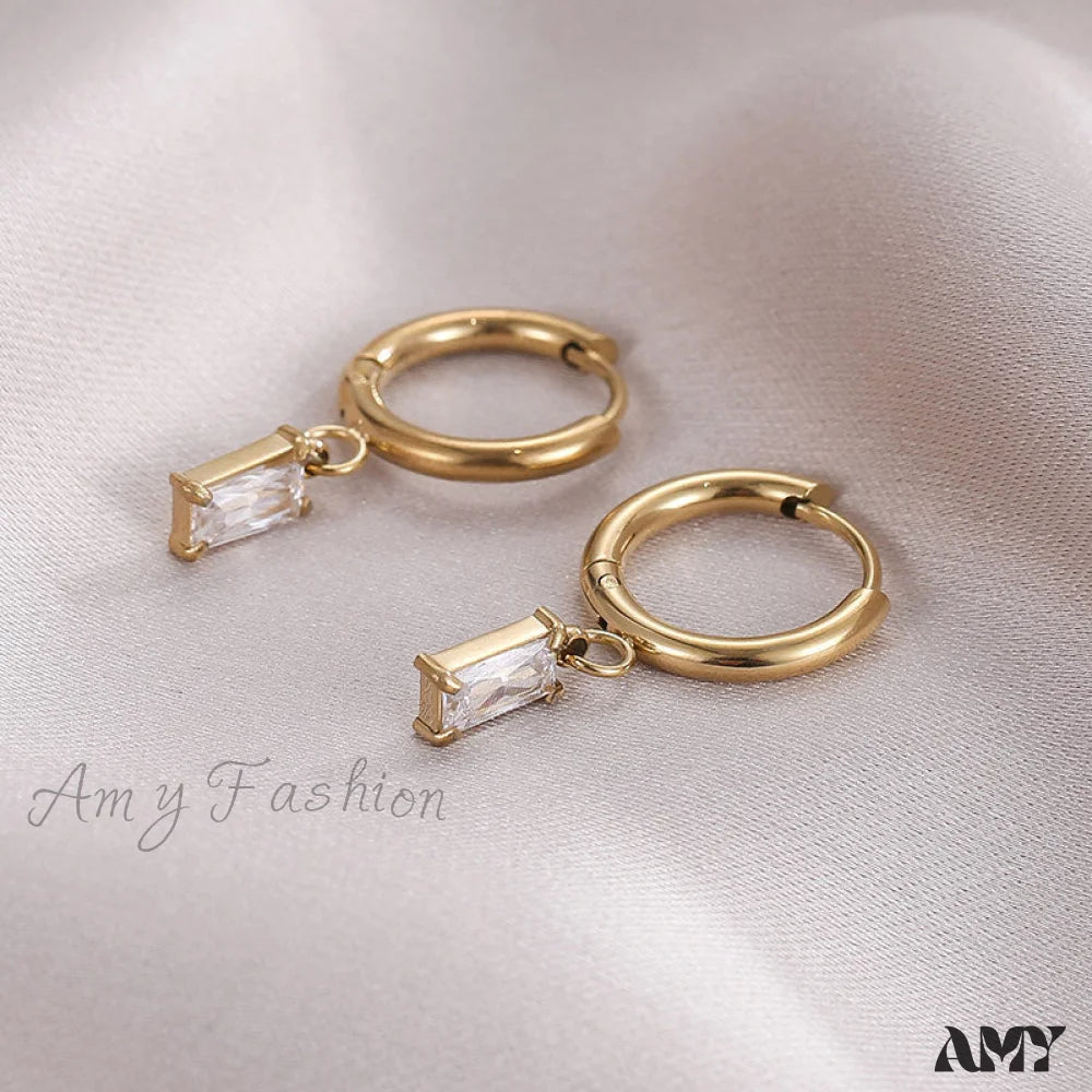 14K Rectangular Colorful Zircons Pendant Earrings White