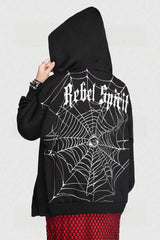Sweat à capuche zippé punk à imprimé toile d'araignée et lettres
