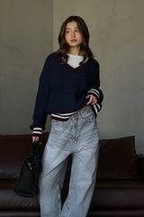 Pull décontracté à rayures et blocs de couleur, col en V, maille ample