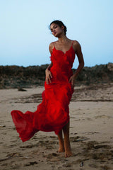 Chiffon Ruffle Open Back Split Slim Slip Dress