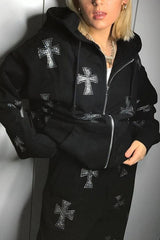 Sweat à capuche ample zippé avec strass croisés
