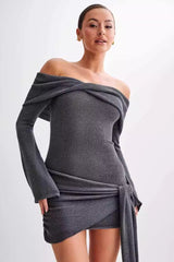 Sheer Spaghetti Strap Off-Shoulder Fitted Knit Maxi Sweater Dress