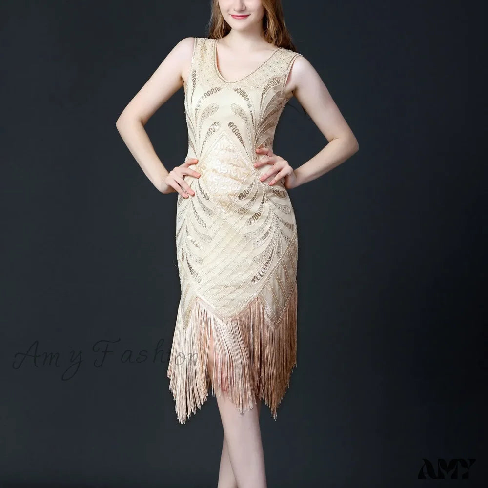 1920S Retro Tassel Prom Sequin Dance Double V Neck Sleeveless Beaded Small Flapper Gatsby Vestidos