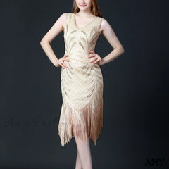 1920S Retro Tassel Prom Sequin Dance Double V Neck Sleeveless Beaded Small Flapper Gatsby Vestidos