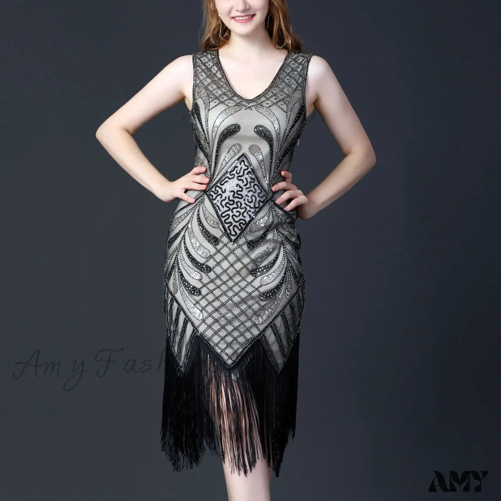 1920S Retro Tassel Prom Sequin Dance Double V Neck Sleeveless Beaded Small Flapper Gatsby Vestidos