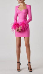 Robe courte extensible à manches longues rose hyper