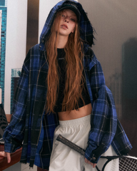 Veste à capuche oversize à carreaux bleus