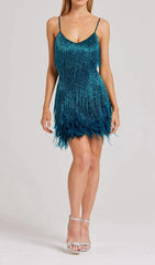 Robe courte à franges et plumes vert foncé 
