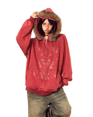 Veste vintage zippée à bordure en fourrure