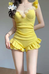 Cute Textured Tube Top Spliced Ruffled One Piece Swimwear