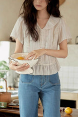 Linen Stripe V Neck Tie Waist Blouse