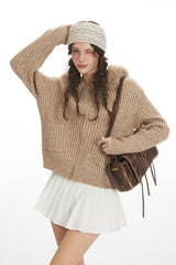 Gilet court en maille à capuche et col duveteux