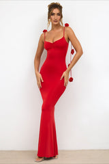 Robe de soirée longue dos nu à fines bretelles et imprimé floral 3D