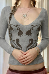 Pull rétro à col V ample et fleuri en forme de cœur