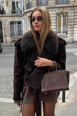 Faux Fur Collar Belted Suede Look Jacket