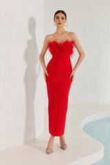 Robe bandage longue à franges et plumes Diaz ââ‚?Rouge
