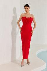 Robe bandage longue à franges et plumes Diaz ââ‚?Rouge