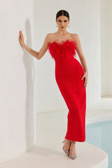 Robe bandage longue à franges et plumes Diaz ââ‚?Rouge