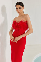 Robe bandage longue à franges et plumes Diaz ââ‚?Rouge