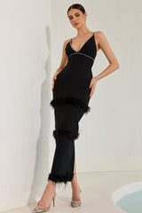 Robe longue Mischa ornée de plumes et de cristaux