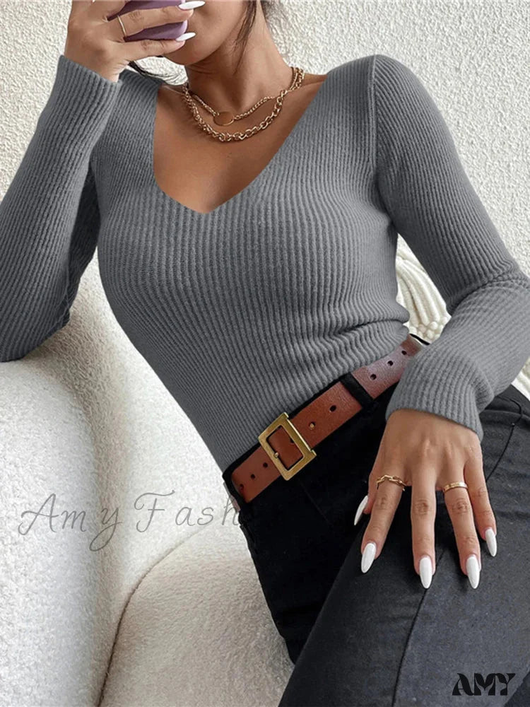 2024 Autumn Winter Women Solid Rib Knit V Neck Stripe Pull Femme Y2K Long Sleeve Fashion Tops Cozy