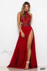2024 Lady’s Sexy See-Through Lace Nude Back High Slit Dress