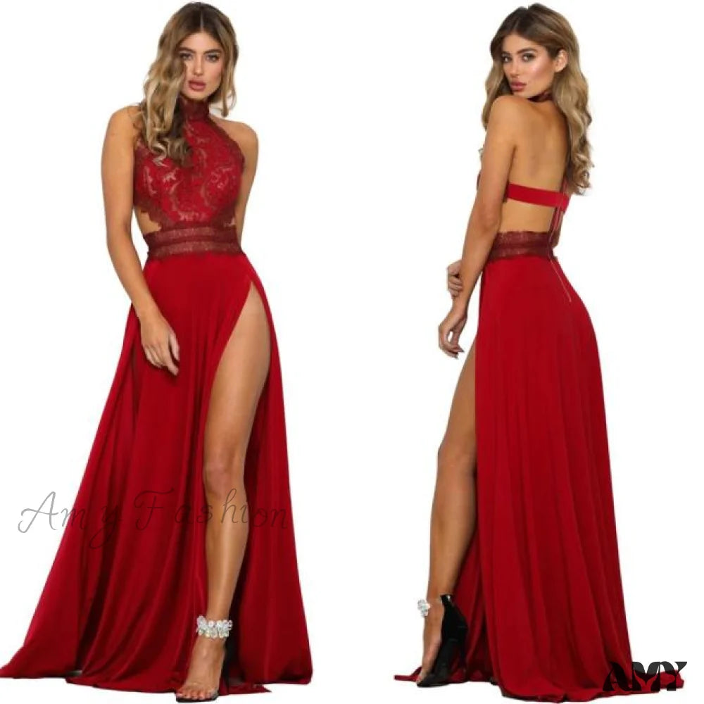2024 Lady’s Sexy See-Through Lace Nude Back High Slit Dress Red 1Pcs / S