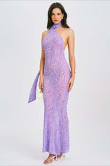 Sexy Mesh Halter Backless High Waist Bodycon Maxi Dress
