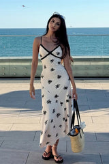 Sleeveless V Neck Lace Panel Long Fitted Floral Dress