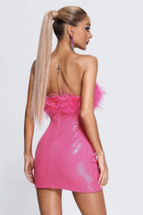 Robe de soirée bustier à épaules dénudées et bordure en fausse fourrure à sequins