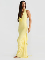 Robe longue à fleurs, col V et dos nu, avec ruban