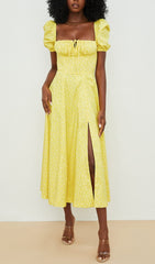 Robe midi vintage à manches bouffantes et imprimé floral jaune 