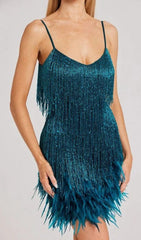 Robe courte à franges et plumes vert foncé 