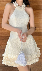 Robe mini d'été sans manches à volants et col volanté en jacquard