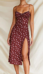 Robe bustier midi à fleurs bordeaux 