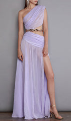 Robe longue fendue couleur lavande