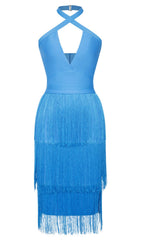 Robe midi dos nu à franges, couleur bleu pur 