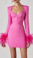 Robe courte extensible à manches longues rose hyper