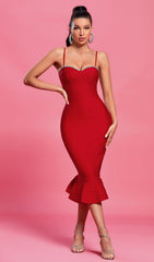 Robe bandage midi sirène à bretelles et cristaux