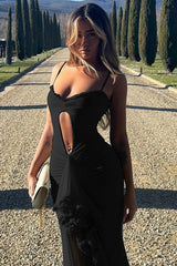 Robe de soirée asymétrique à fines bretelles spaghetti en dentelle et résille ajourée