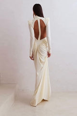 Robe de soirée cintrée à manches longues, froncée, color-block et découpe à la taille