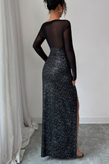 Elegant High Neck Long Sleeve Maxi Sequin Dress