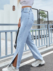 Pantalon slim à jambes larges fendues, coupe droite et ample, taille haute 