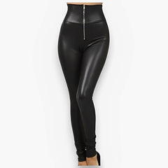 Pantalon en cuir PU taille haute zippé