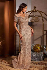 Robe de soirée élégante champagne à paillettes et franges