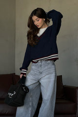 Pull décontracté à rayures et blocs de couleur, col en V, maille ample