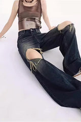 Jean vintage à ourlet brut, taille basse et jambes larges